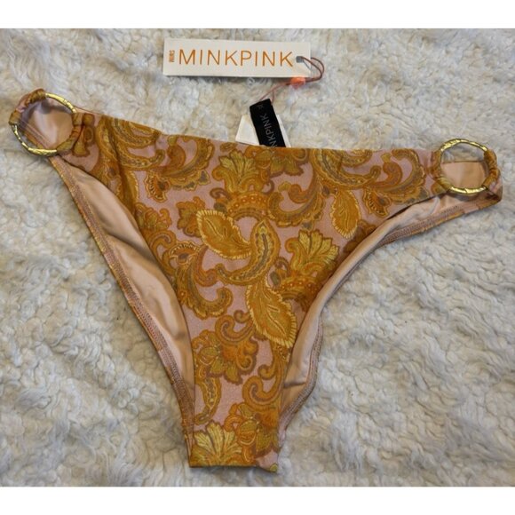 MinkPink Blaisse Bikini Bottom Swim XL Pink Orange Paisley Gold O Ring NEW - Picture 2 of 8